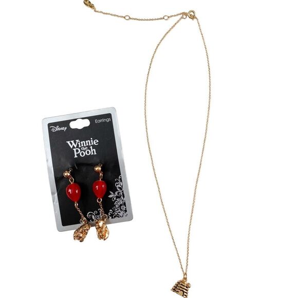 Disney Winnie the Pooh Gold Necklace and Charm Earring Retro Nostalgic Bundle - Picture 1 of 5